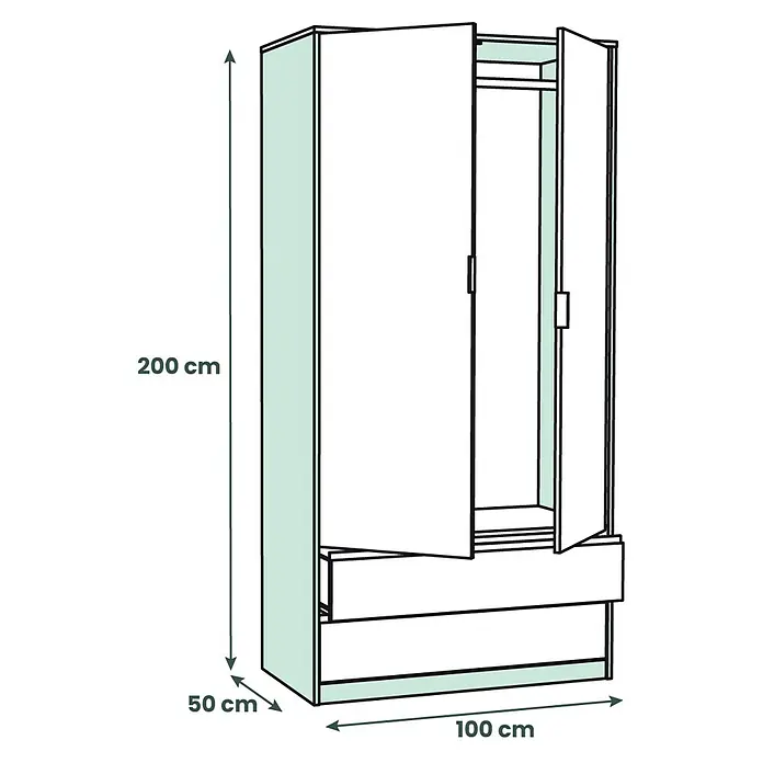 Meka Block Armario para ropa K-509 - L x An x Al: 50 cm x 100 cm x 200 mm, Roble Cortez/Blanco Liso - Armario blanco y verde claro de dos puertas con dos cajones. Puertas abiertas muestran barra para colgar y estante. Medidas: 200x100x50 cm.