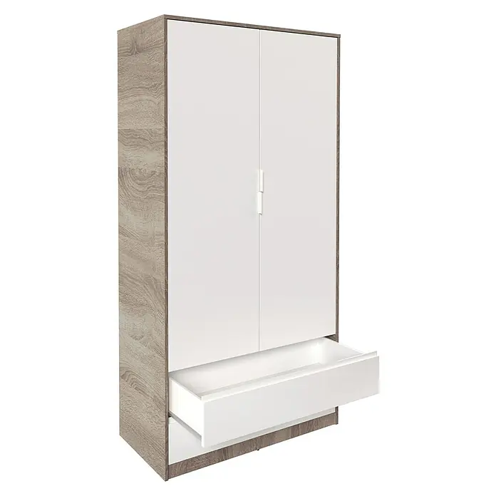 Meka Block Armario para ropa K-509 - L x An x Al: 50 cm x 100 cm x 200 mm, Roble Cortez/Blanco Liso - Armario de dos puertas blanco y efecto madera con un cajón inferior abierto.