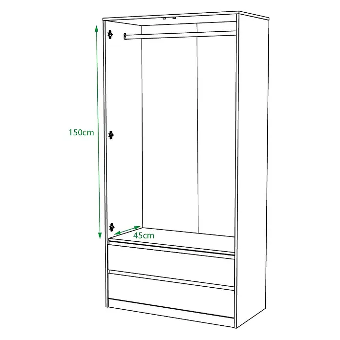 Meka Block Armario para ropa K-509 - L x An x Al: 50 cm x 100 cm x 200 mm, Roble Cortez/Blanco Liso - Armario blanco con sección colgante abierta (150cm alto, 45cm profundo) y dos cajones inferiores.