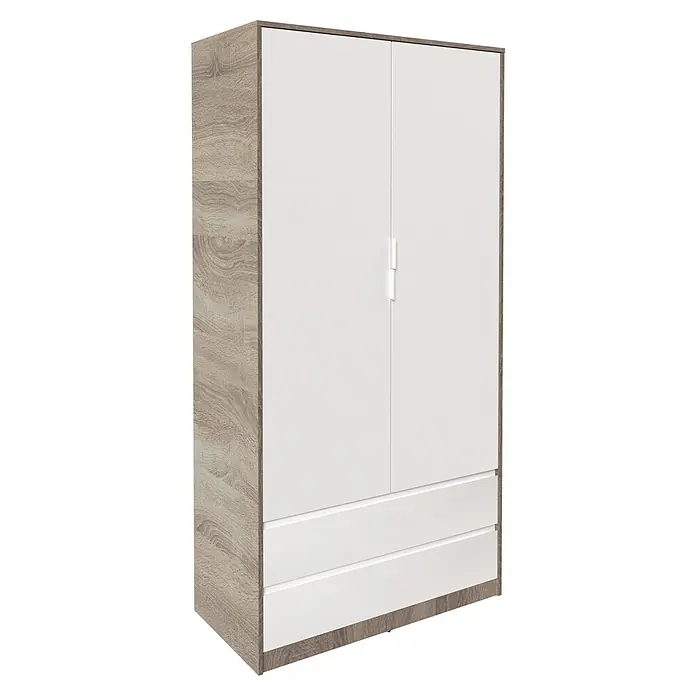 Meka Block Armario para ropa K-509 - L x An x Al: 50 cm x 100 cm x 200 mm, Roble Cortez/Blanco Liso - Armario de dos puertas con frentes blancos y laterales de efecto madera clara, dos cajones inferiores y tiradores blancos integrados.