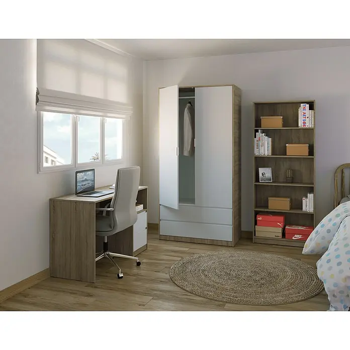 Meka Block Armario para ropa K-509 - L x An x Al: 50 cm x 100 cm x 200 mm, Roble Cortez/Blanco Liso - Dormitorio moderno: escritorio madera/blanco, silla de oficina gris, armario bicolor y estantería de madera.