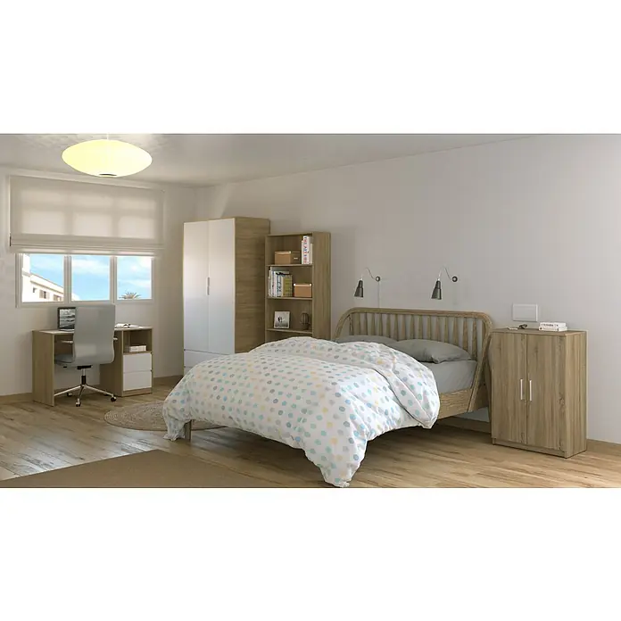 Meka Block Armario para ropa K-509 - L x An x Al: 50 cm x 100 cm x 200 mm, Roble Cortez/Blanco Liso - Conjunto de dormitorio moderno con cama de madera clara, edredón de lunares, escritorio, armario, estantería y mesita de noche a juego.