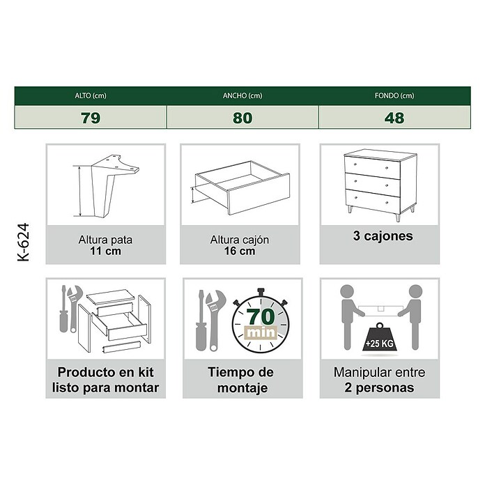Meka Block Cómoda París (L x An x Al: 48 x 80,2 x 78,6 cm, Gris París/Blanco Liso, Número de cajones: 3 ud.) | BAUHAUS