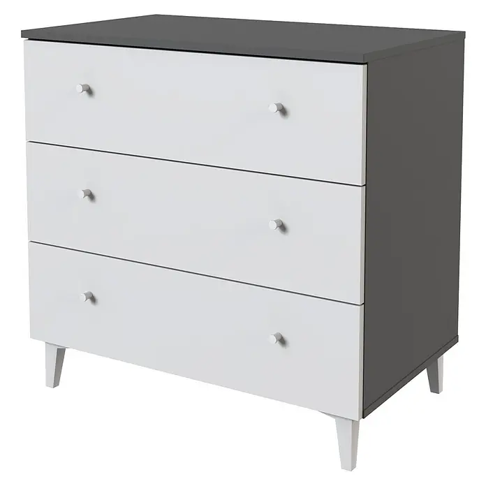 Meka Block Cómoda París - L x An x Al: 48 x 80,2 x 78,6 cm, Gris París/Blanco Liso, Número de cajones: 3 ud. - Cómoda de tres cajones: estructura gris oscuro, cajones, pomos y patas cónicas blancas.