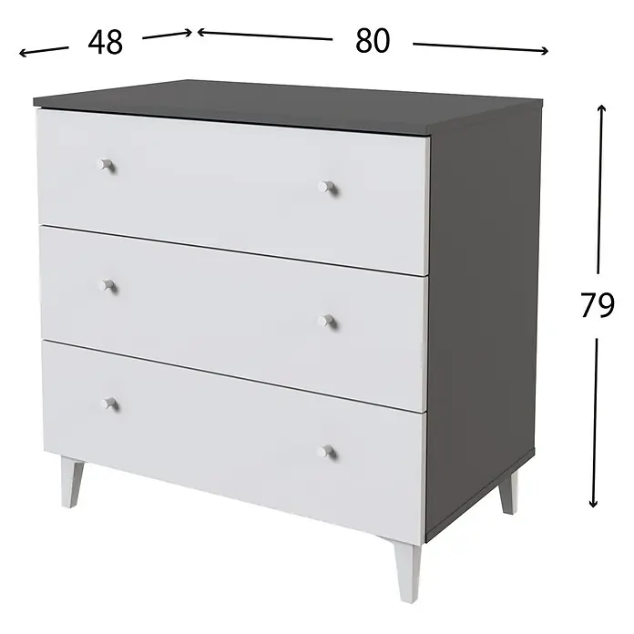 Meka Block Cómoda París - L x An x Al: 48 x 80,2 x 78,6 cm, Gris París/Blanco Liso, Número de cajones: 3 ud. - Cómoda de tres cajones con tapa y laterales gris oscuro, cajones blancos, tiradores redondos y patas cónicas.