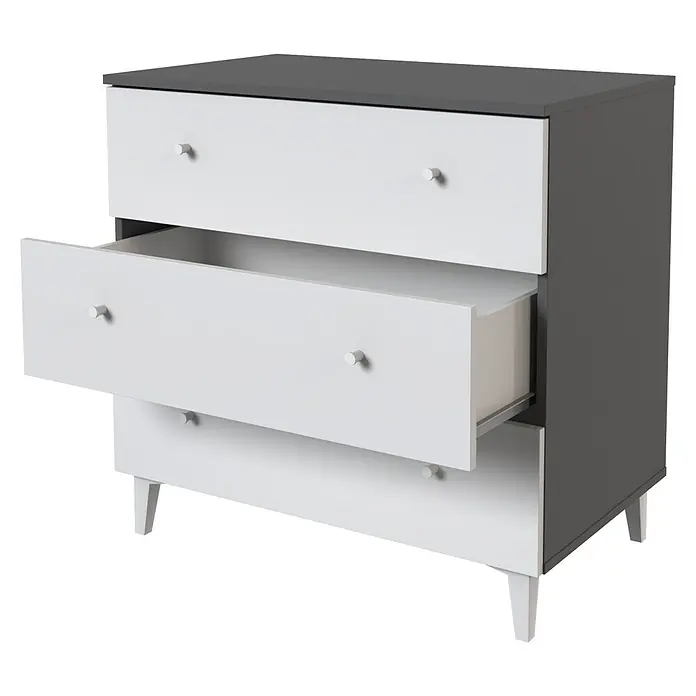Meka Block Cómoda París - L x An x Al: 48 x 80,2 x 78,6 cm, Gris París/Blanco Liso, Número de cajones: 3 ud. - Cómoda bicolor gris y blanca con un cajón abierto, que revela su interior. Tiradores redondos y patas cónicas.