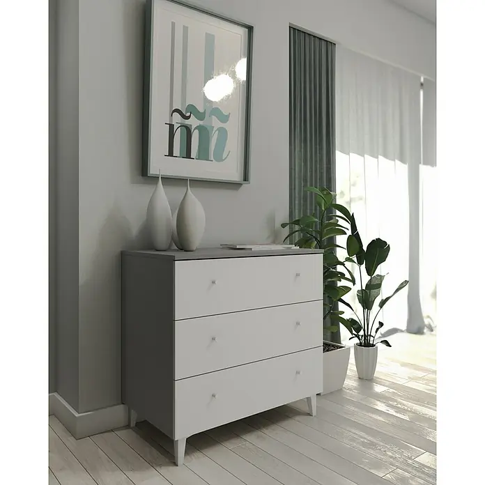 Meka Block Cómoda París - L x An x Al: 48 x 80,2 x 78,6 cm, Gris París/Blanco Liso, Número de cajones: 3 ud. - Cómoda bicolor con cajones blancos y cuerpo gris, adornada con pequeños pomos blancos.