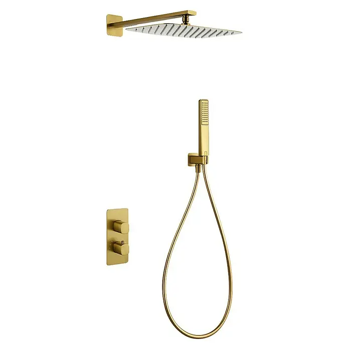 Camargue Bolonia Sistema de ducha empotrado - Con grifo termostático, Oro, Latón - Sistema de ducha color oro con rociador cuadrado, ducha de mano y panel de control.