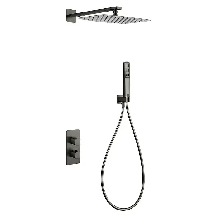 Camargue Bolonia Conjunto de ducha empotrado - Número de tipos de chorro: 1 ud., Black gun - Sistema de ducha gris oscuro con rociador de lluvia cuadrado, ducha de mano y panel de control.