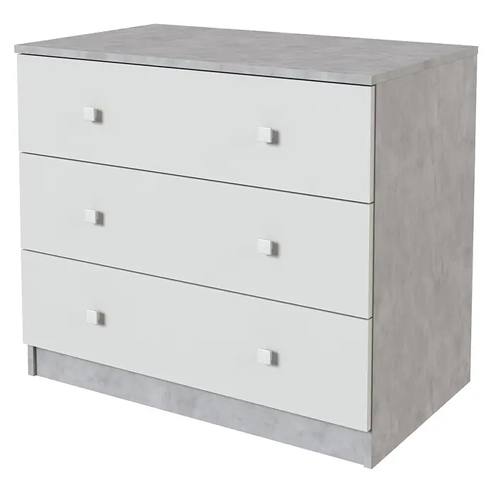 Meka Block Cómoda con mesitas de noche K-63 - 3 pzs., Cemento Grey/Blanco Liso - Cómoda blanca de tres cajones con estructura, tapa y base de aspecto de hormigón gris. Con tiradores cuadrados blancos.