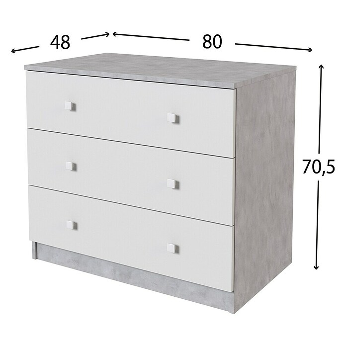 Meka Block Cómoda K-636 (L x An x Al: 48 x 80,2 x 66,9 cm, Cemento Grey/Blanco Liso, Número de cajones: 3 ud.) | BAUHAUS