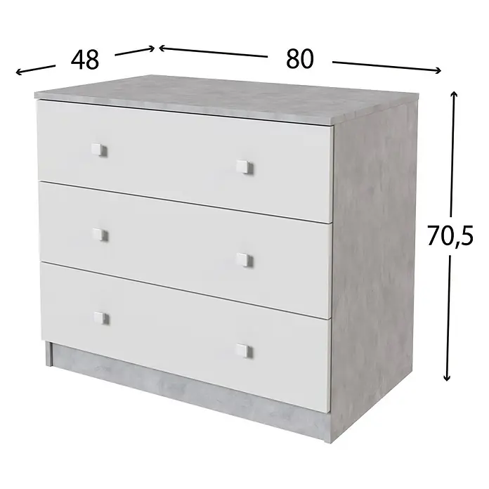 Meka Block Cómoda con mesitas de noche K-63 - 3 pzs., Cemento Grey/Blanco Liso - Cómoda de 3 cajones gris y blanca con tiradores cuadrados, medidas 80x48x70,5 cm.
