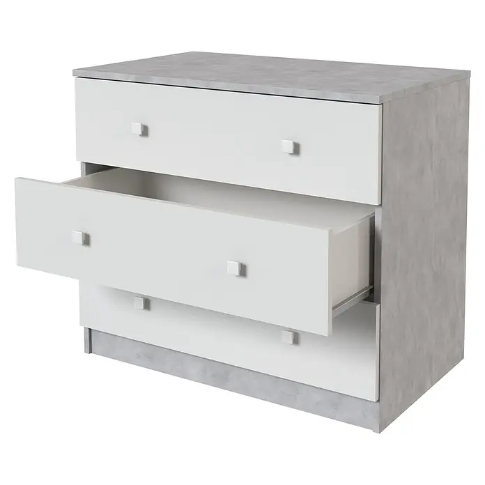 Meka Block Cómoda con mesitas de noche K-63 - 3 pzs., Cemento Grey/Blanco Liso - Cómoda blanca y gris con un cajón abierto.