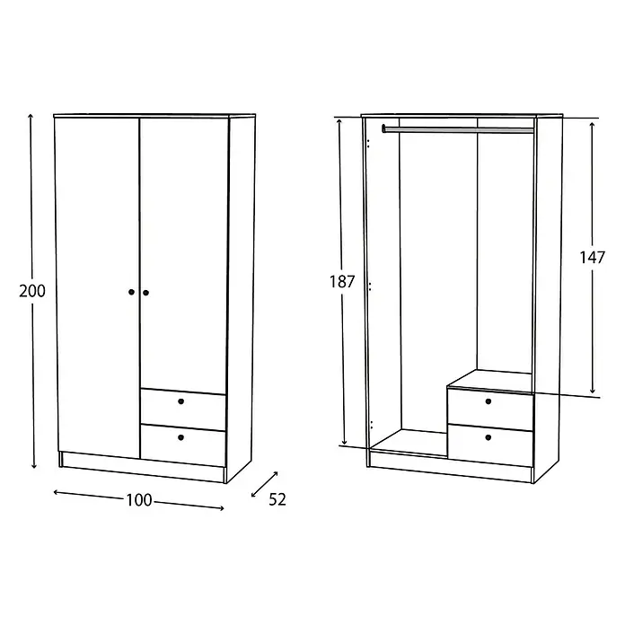 Meka Block Armario para ropa K-648 - L x An x Al: 51,6 x 100,2 x 200 cm, Blanco Soft - Armario blanco de dos puertas con dos cajones inferiores y una barra colgador interna. Dimensiones indicadas.
