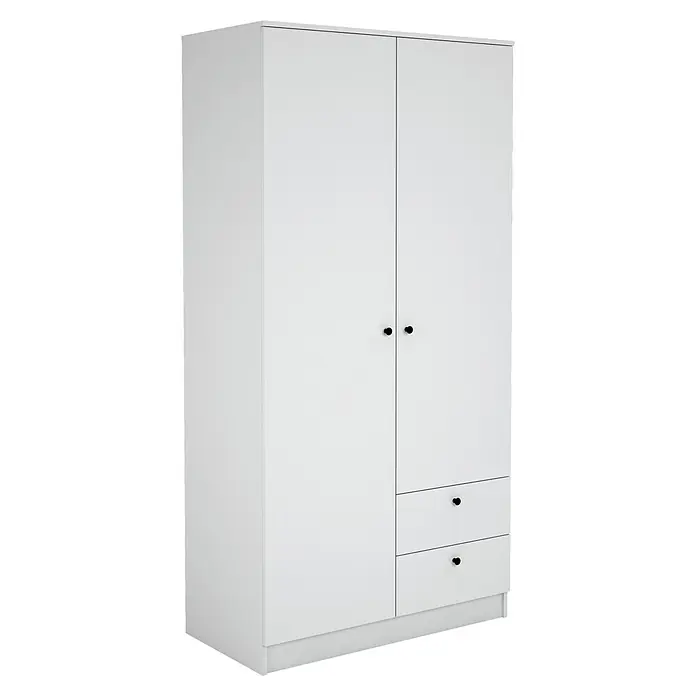 Meka Block Armario para ropa K-648 - L x An x Al: 51,6 x 100,2 x 200 cm, Blanco Soft - Armario blanco con dos puertas superiores y dos cajones inferiores, todos con tiradores redondos negros.