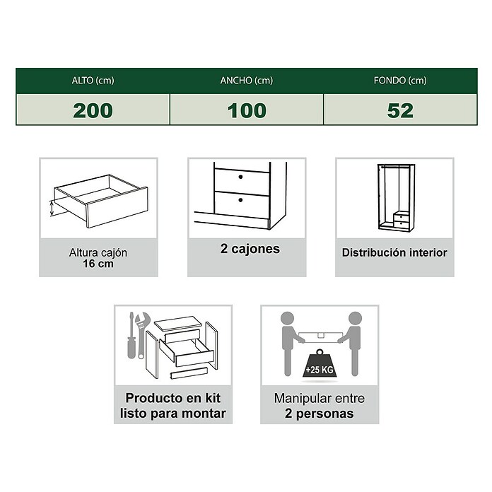 Meka Block Armario para ropa K-648 (L x An x Al: 51,6 x 100,2 x 200 cm, Blanco Soft) | BAUHAUS