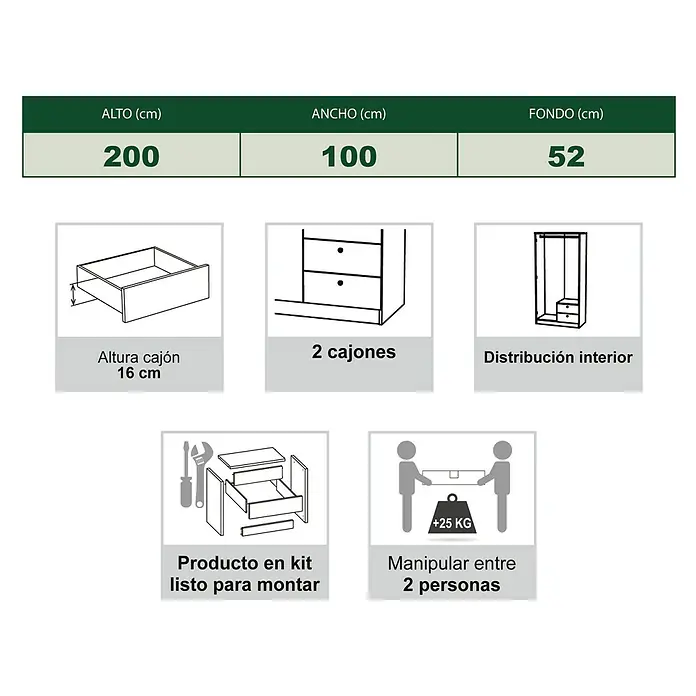 Meka Block Armario para ropa K-648 - L x An x Al: 51,6 x 100,2 x 200 cm, Blanco Soft - Especificaciones producto: Mueble 200x100x52 cm con 2 cajones de 16cm, distribución interior, en kit, manipular 2 personas (>25kg).