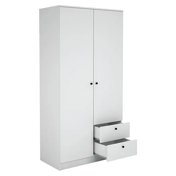 Meka Block Armario para ropa K-648 - L x An x Al: 51,6 x 100,2 x 200 cm, Blanco Soft - Armario blanco de dos puertas con dos cajones abiertos y tiradores de pomo negros.