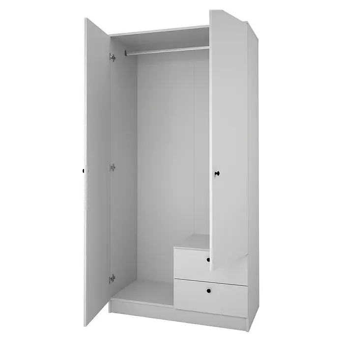 Meka Block Armario para ropa K-648 - L x An x Al: 51,6 x 100,2 x 200 cm, Blanco Soft - Armario blanco con dos puertas abiertas, una barra para colgar y dos cajones inferiores.