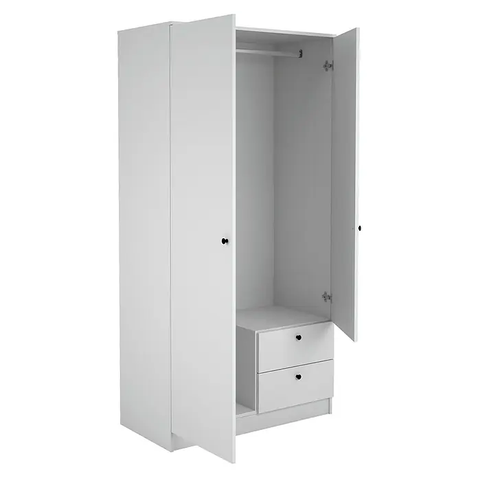 Meka Block Armario para ropa K-648 - L x An x Al: 51,6 x 100,2 x 200 cm, Blanco Soft - Armario blanco de dos puertas, una abierta, revelando una barra para colgar y dos cajones con tiradores negros.