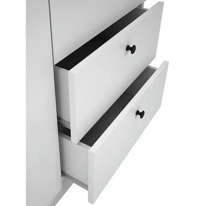 Meka Block Armario para ropa K-648 - L x An x Al: 51,6 x 100,2 x 200 cm, Blanco Soft - Dos cajones blancos parcialmente abiertos con pomos negros.