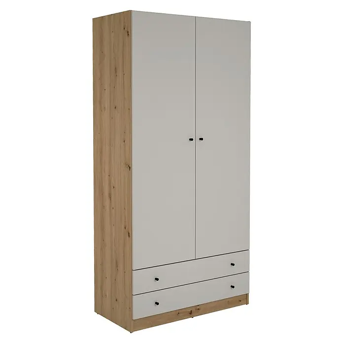 Meka Block Armario para ropa K-649 - L x An x Al: 51,6 x 100 x 205 cm, Cashmere/Roble Albar - Armario bicolor con puertas/cajones gris claro y lateral/base de madera clara. Dos puertas superiores y dos cajones inferiores con tiradores negros.