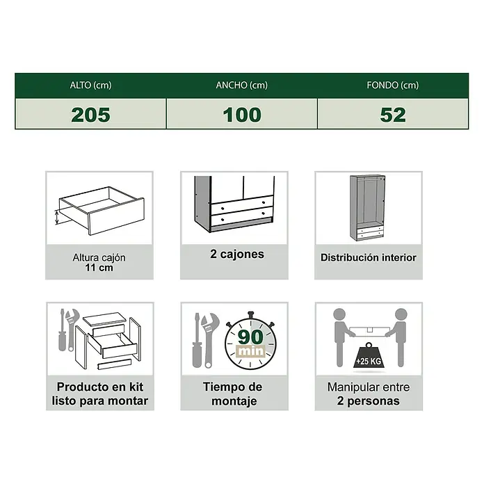 Meka Block Armario para ropa K-649 - L x An x Al: 51,6 x 100 x 205 cm, Cashmere/Roble Albar - Infografía con especificaciones de un armario: 205x100x52cm, 2 cajones, distribución interior, kit de montaje de 90 min para 2 personas.
