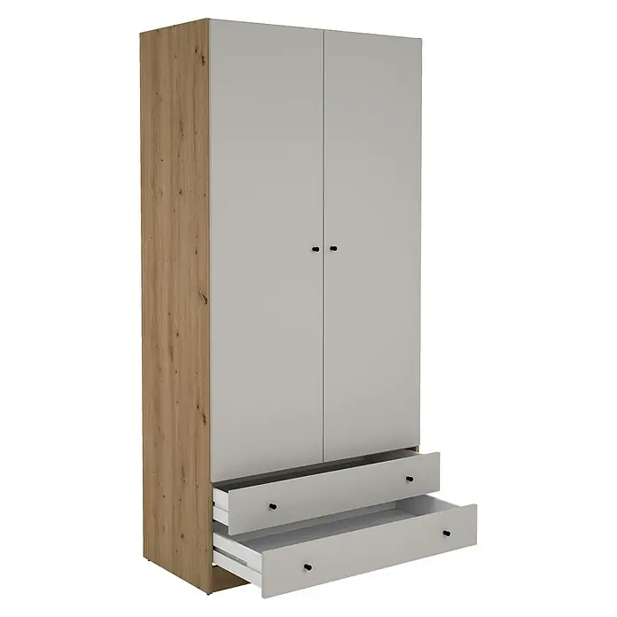 Meka Block Armario para ropa K-649 - L x An x Al: 51,6 x 100 x 205 cm, Cashmere/Roble Albar - Armario de dos puertas con dos cajones abiertos, frentes gris claro y lateral efecto madera.