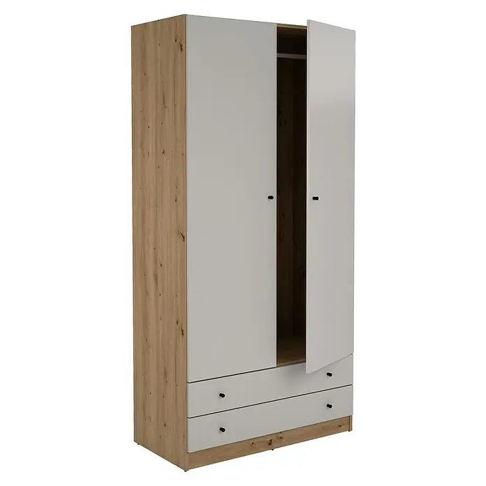 Meka Block Armario para ropa K-649 - L x An x Al: 51,6 x 100 x 205 cm, Cashmere/Roble Albar - Armario de madera clara y gris claro con una puerta abierta que revela una barra para colgar y dos cajones inferiores con pomos negros.