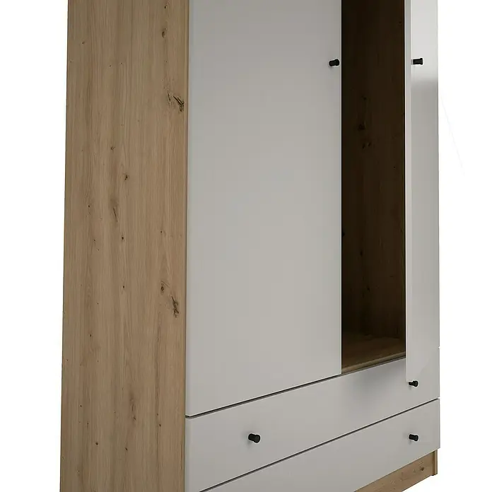Meka Block Armario para ropa K-649 - L x An x Al: 51,6 x 100 x 205 cm, Cashmere/Roble Albar - Armario moderno de madera clara y blanco, con tiradores negros. Una puerta está abierta, revelando un interior de madera oscura.