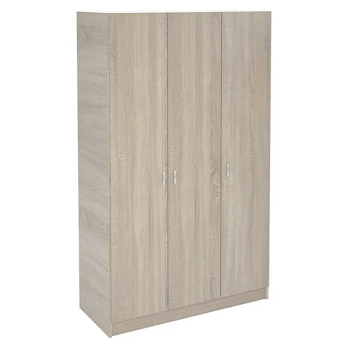 Meka Block Armario para ropa K-7349 - L x An x Al: 52 cm x 128,2 mm x 200 cm, Roble Cortez - Armario de tres puertas con acabado de imitación madera clara y tiradores plateados.
