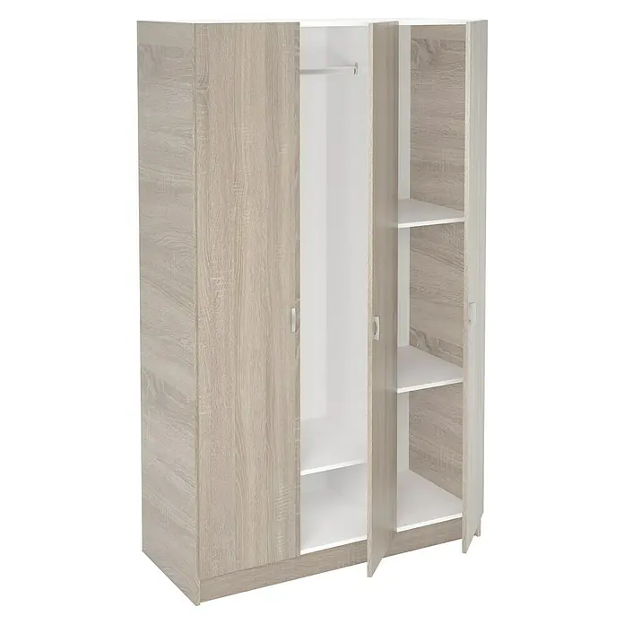 Meka Block Armario para ropa K-7349 - L x An x Al: 52 cm x 128,2 mm x 200 cm, Roble Cortez - Armario efecto madera clara con interior blanco, parcialmente abierto mostrando estantes y barra.