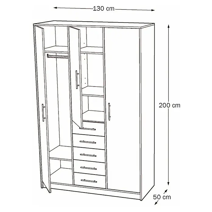 Meka Block Armario para ropa K-9235 - L x An x Al: 50 cm x 130 mm x 200 cm, Blanco Liso - Armario de 130x200x50 cm, con varias puertas, estantes, barra de colgar y cajones para almacenamiento versátil.