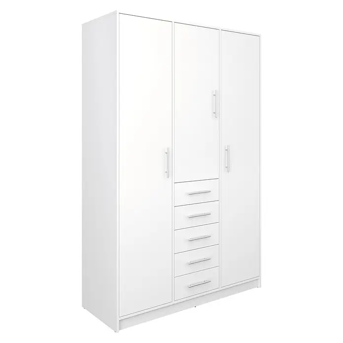 Meka Block Armario para ropa K-9235 - L x An x Al: 50 cm x 130 mm x 200 cm, Blanco Liso - Armario blanco con varias puertas y cinco cajones centrales, con tiradores plateados.