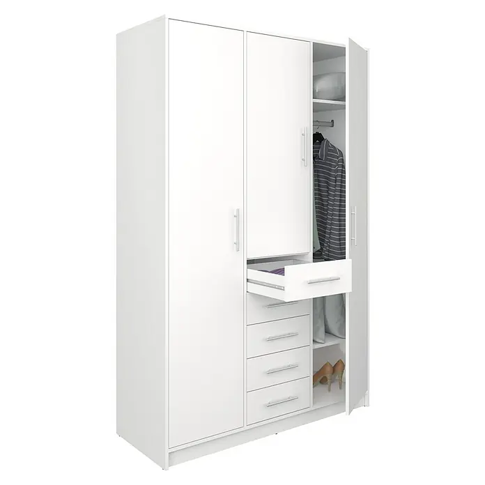 Meka Block Armario para ropa K-9235 - L x An x Al: 50 cm x 130 mm x 200 cm, Blanco Liso - Armario blanco con puertas y un cajón abierto, mostrando ropa colgada, almohadas y zapatos.