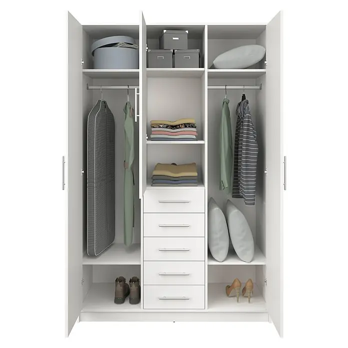 Meka Block Armario para ropa K-9235 - L x An x Al: 50 cm x 130 mm x 200 cm, Blanco Liso - Armario blanco abierto con interior organizado, con ropa colgada, artículos doblados, cajas de almacenamiento, almohadas y zapatos.