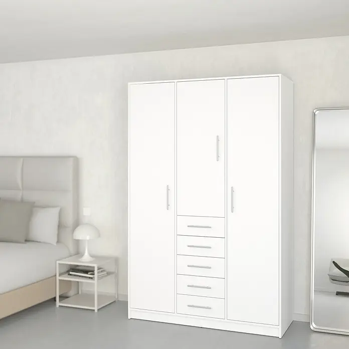 Meka Block Armario para ropa K-9235 - L x An x Al: 50 cm x 130 mm x 200 cm, Blanco Liso - Armario blanco de varias puertas con cajones en un dormitorio moderno.
