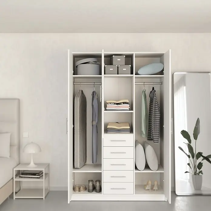 Meka Block Armario para ropa K-9235 - L x An x Al: 50 cm x 130 mm x 200 cm, Blanco Liso - Armario blanco abierto que muestra ropa, zapatos y cajas de almacenamiento organizadas en estantes, barras y cajones.