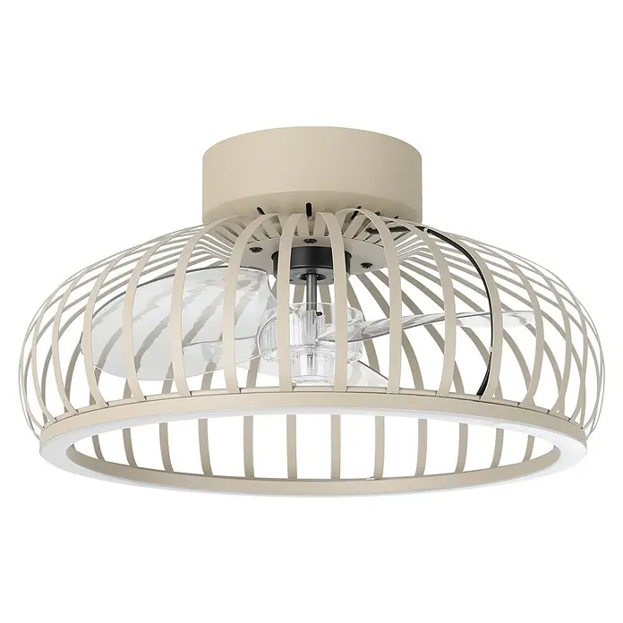 Eglo Ventilador de techo Mogano - Beige, 42,8 cm, 20 W, Blanco cálido - Ventilador de techo beige enjaulado con aspas transparentes y anillo de luz LED blanco integrado.