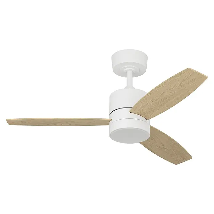 Eglo Deckenventilator MANDAREE - Durchmesser: 106 cm, Weiß, Eiche, Mit Leuchtmittel, LED - Weißer Deckenventilator mit drei hellen Holzmaserung-Flügeln zur Deckenmontage.