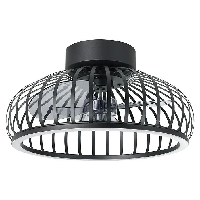 Eglo Ventilador de techo Mogano - Negro, 42,8 cm, 20 W, Blanco cálido - Ventilador de techo negro enjaulado con anillo de luz LED integrado y aspas transparentes.