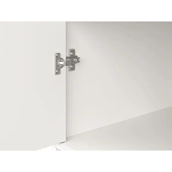 Meka Block Armario para ropa K-9235 - L x An x Al: 50 cm x 130 mm x 200 cm, Blanco Liso - Bisagra metálica plateada instalada en una puerta y marco de armario blancos.