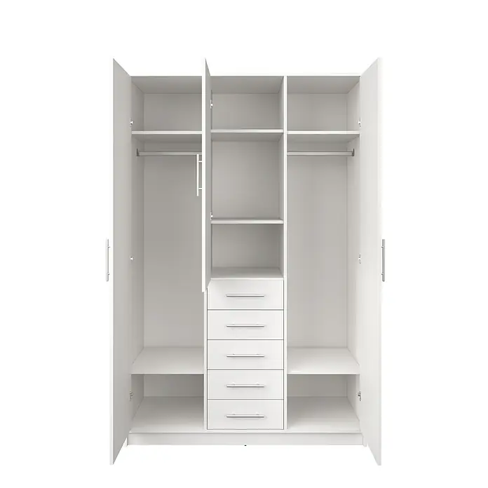 Meka Block Armario para ropa K-9235 - L x An x Al: 50 cm x 130 mm x 200 cm, Blanco Liso - Armario blanco abierto con tres secciones, dos con barras para colgar y una con estantes y cinco cajones.