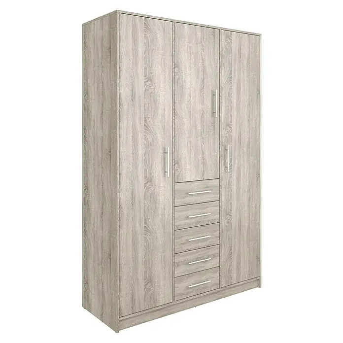 Meka Block Armario para ropa K-9235 - L x An x Al: 50 cm x 130 mm x 200 cm, Roble Cortez - Armario de madera clara con cuatro puertas y cinco cajones centrales para almacenamiento versátil.