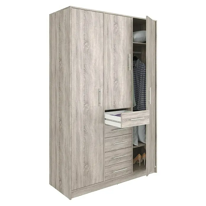 Meka Block Armario para ropa K-9235 - L x An x Al: 50 cm x 130 mm x 200 cm, Roble Cortez - Armario de madera clara grisácea con múltiples puertas, cajones (uno abierto mostrando artículo morado) y sección abierta con ropa, almohada y zapatos.