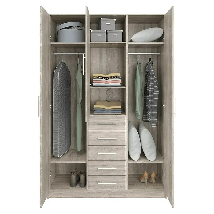 Meka Block Armario para ropa K-9235 - L x An x Al: 50 cm x 130 mm x 200 cm, Roble Cortez - Armario de madera clara abierto con estantes, barras y cajones, lleno de ropa, zapatos y cajas de almacenamiento.