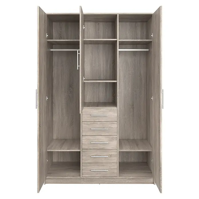 Meka Block Armario para ropa K-9235 - L x An x Al: 50 cm x 130 mm x 200 cm, Roble Cortez - Armario abierto de madera clara con estantes, barras para colgar y cinco cajones con tiradores plateados.