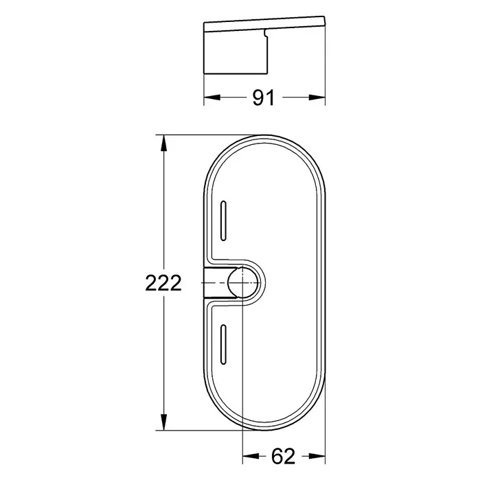 Grohe Easy Reach Seifenschale - Geeignet für: Brausestangen mit 22 mm Rohrdurchmesser - Technische Zeichnung einer Seifenablage mit den Maßen 222mm Höhe, 62mm Breite und einer Halterung von 91mm Breite.