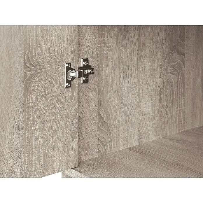 Meka Block Armario para ropa K-9235 - L x An x Al: 50 cm x 130 mm x 200 cm, Roble Cortez - Interior de un armario de madera clara mostrando una bisagra de puerta metálica.