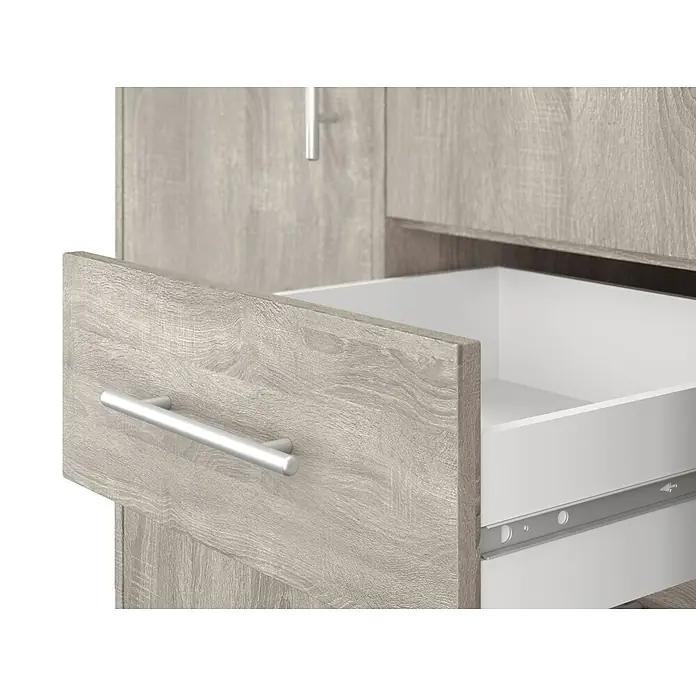Meka Block Armario para ropa K-9235 - L x An x Al: 50 cm x 130 mm x 200 cm, Roble Cortez - Cajón parcialmente abierto de veta de madera clara con tirador plateado, mostrando el interior blanco.